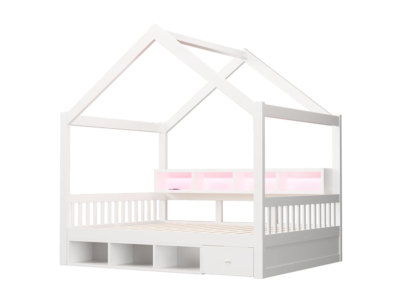  Lit cabane en bois blanc 140x200 cm, barrières, rangements, tiroirs et led  - Conforama E