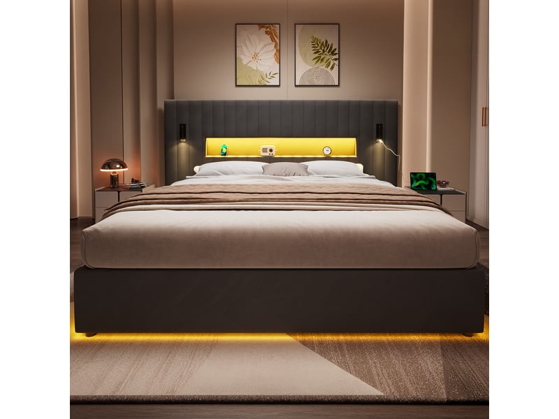  Lit coffre 180x200 cm rembourré en velours, avec led et ports usb, gris foncé, sans matelas  - Conforama E