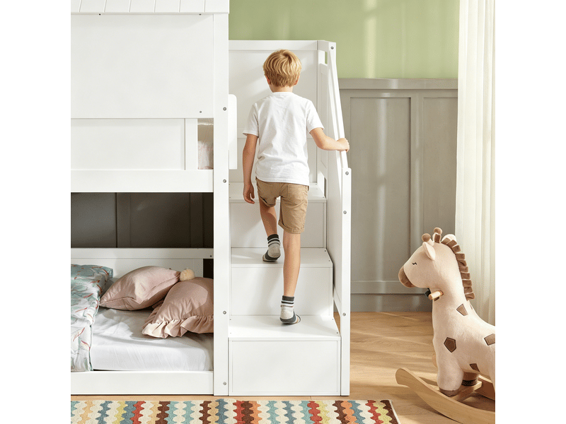  Lit superposé enfant 80 × 200 cm 2 places avec barrières et escalier, sans matelas, en bois massif, blanc  - Conforama E