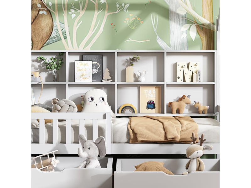  Lit cabane enfant 90x200 avec tiroirs et bibliothèque - bois massif blanc  - Conforama E