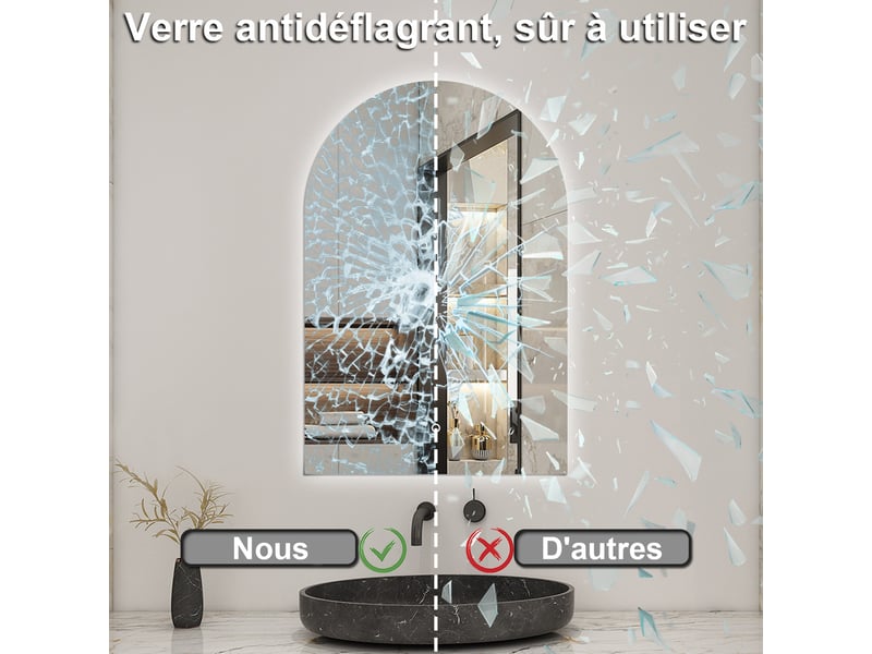  Aica miroir salle de bain arqué, 75x50cm, 3 couleurs, anti-buée, mémoire, rétroéclairage  - Conforama E