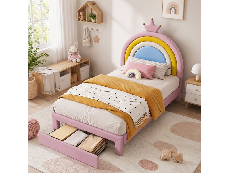  Lit enfant 90x200 cm, tête de lit arc-en-ciel couronne réglable 2 hauteurs, tiroir au pied, pu rose, sans matelas  - Conforama D