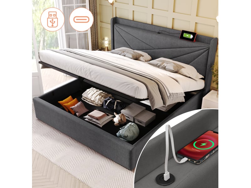 Lit coffre double gris 160 x 200 cm avec matelas, tête de lit usb et type-c - Conforama B