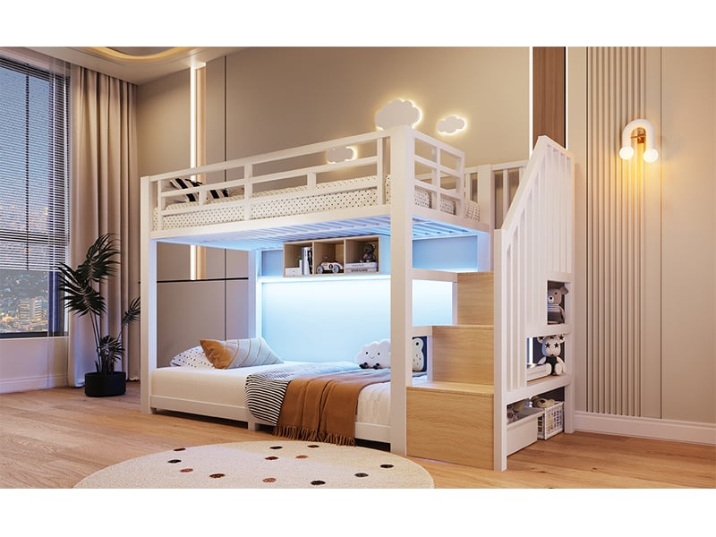  Lit superposé 90 × 200 cm, métal et mdf, led avec application, escalier, 3 niches et barrières, sans matelas, blanc  - Conforama B