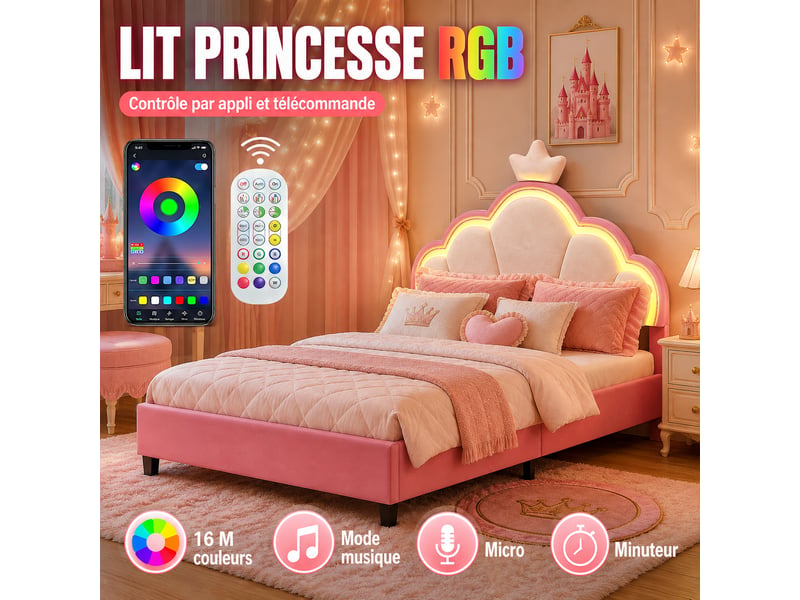  Lit pour enfant rembourré 140 x 200 cm,lit princesse avec tête de lit à couronne led, lit fille, réglage hauteur, velours rose  - Conforama B
