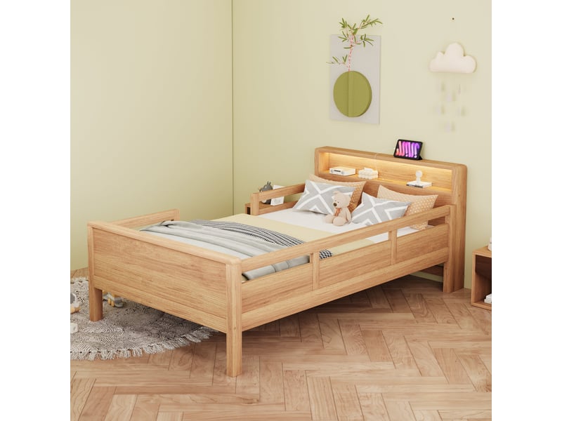  Lit enfant 90x200 en pin avec tête de lit rangement, led et ports usb, barrière de sécurité  - Conforama E