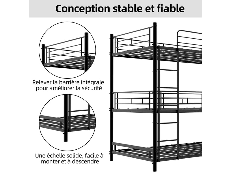  Lit triple en métal 90×190 cm, échelles intégrées, avec garde-corps, pour chambre enfant et adulte, à assembler  - Conforama E