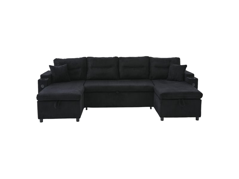 Canapé d’angle 4 places convertible double méridienne, rangement intégré, porte-gobelets, usb-c, couchage d’appoint, velours côtelé noir - Conforama A