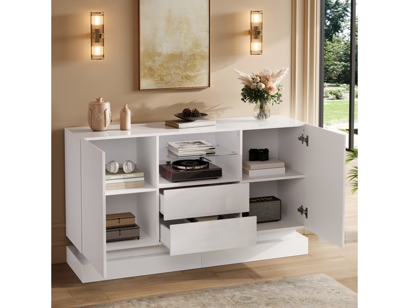 Buffet 140x40x80 cm avec éclairage led contrôlable par application en panneau de particules blanc - Conforama C