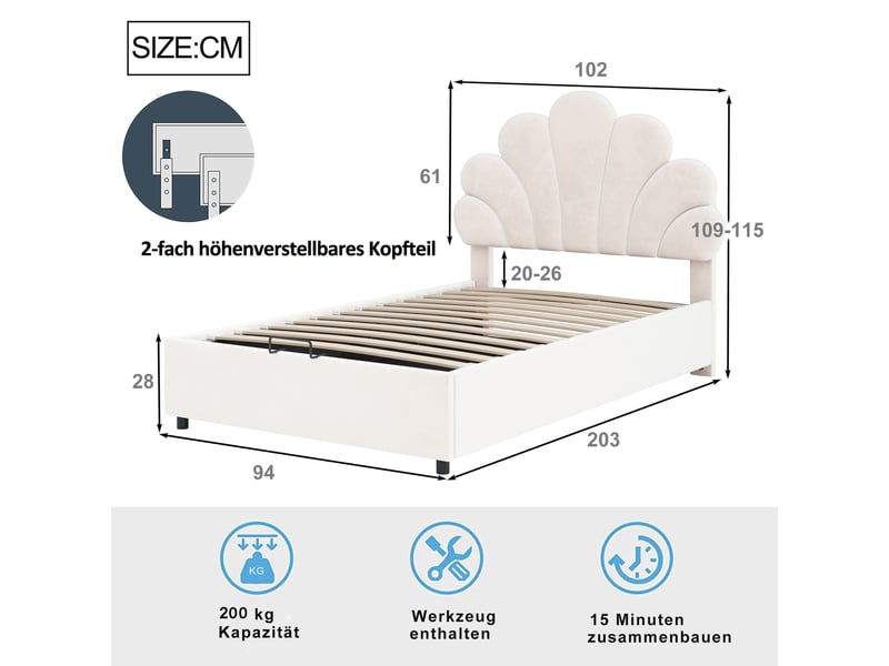  Lit coffre enfant 90x200 cm, espace de rangement, tête de lit réglable, sommier, velours beige, sans matelas  - Conforama C