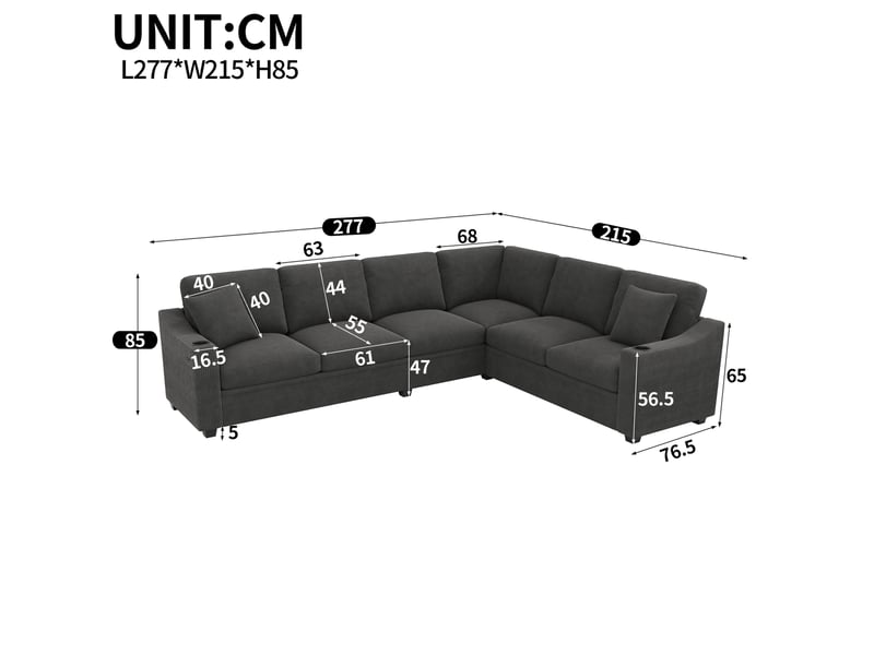  Canapé d’angle modulaire 277 x 215 x 85 cm, 6 places, usb type-c, 2 porte-gobelets, 2 coussins, velours côtelé gris  - Conforama C