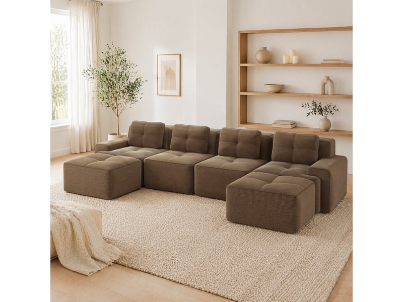  Canapé d'angle modulable en u 4 places avec assise profonde et sans montage en velours côtelé marron  - Conforama B