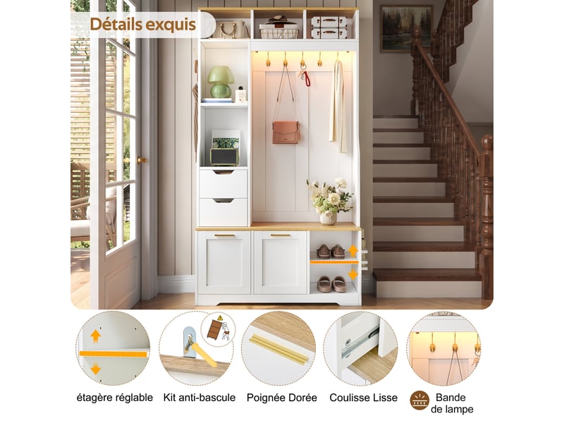  Lit banquette 90x200 cm blanc avec lit gigogne 90x190, rangements, usb-c et tête de lit sherpa  - Conforama E