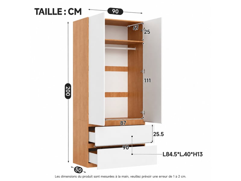 Armoire penderie 2 portes avec tringle, étagère haute et 2 tiroirs - lpospi - mdf et panneaux de particules blanc chêne 90 × 50 × 200 cm - Conforama E