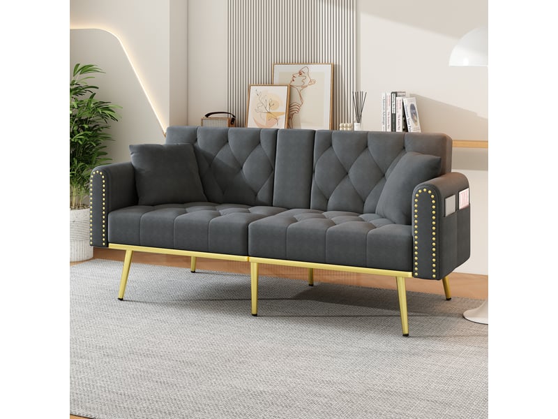  Canapé convertible 2 places 175x80x73,5 cm avec fonction lit, dossier réglable 3 positions, porte-gobelet, coussins, velours et pieds métal doré - gris  - Conforama C