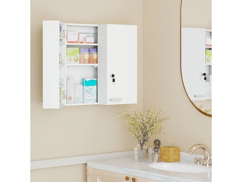  Armoire à pharmacie avec 3 étagères internes et 8 porte-flacons, en bois et métal, 53 x 20 x 53 cm, blanche  - Conforama C