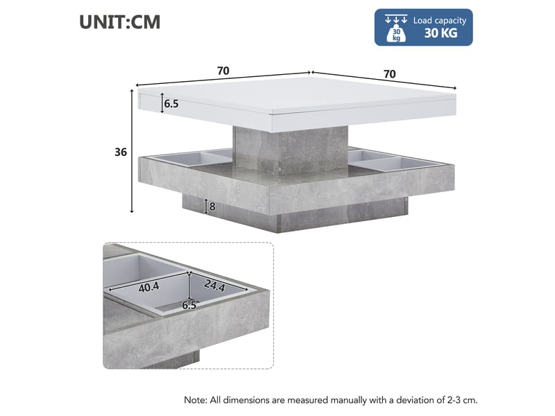  Table basse carrée avec double plateau rotatif à 360° et niche de rangement, finition brillante, en panneau blanc - uvrion  - Conforama E