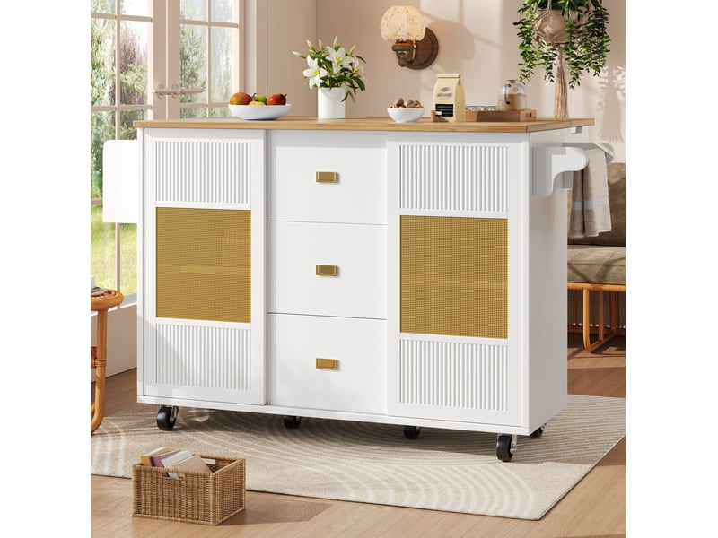  Îlot de cuisine 146,85x70x90 cm avec roulettes, tiroirs, portes coulissantes, mdf métal blanc  - Conforama E