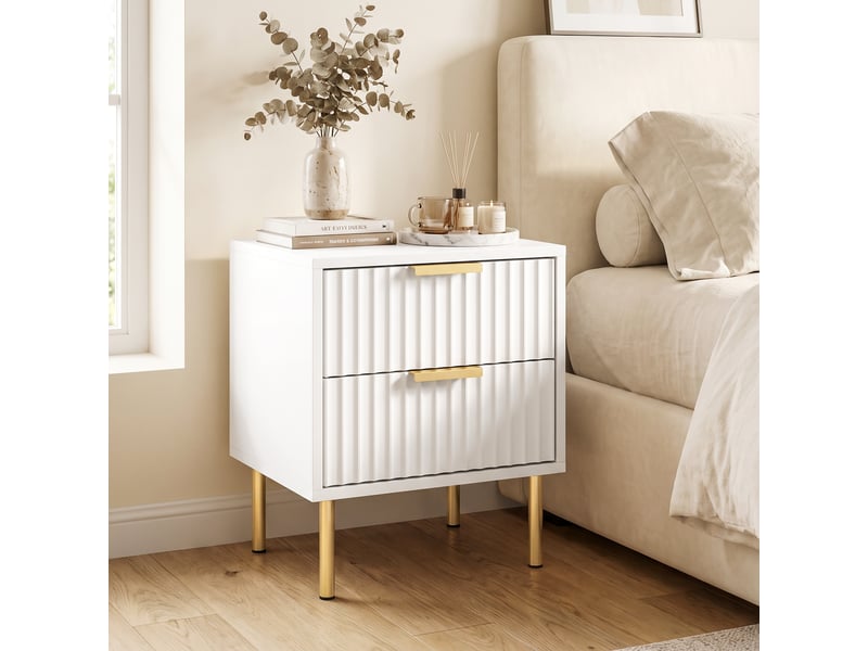  Table de chevet, table de nuit cannelée avec 2 tiroirs et pieds en acier, pour chambre à coucher, salon, blanc  - Conforama C