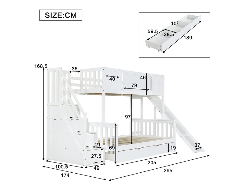  Lit superposé enfant 90x200 cm avec toboggan, escalier de rangement et tiroir blanc  - Conforama C