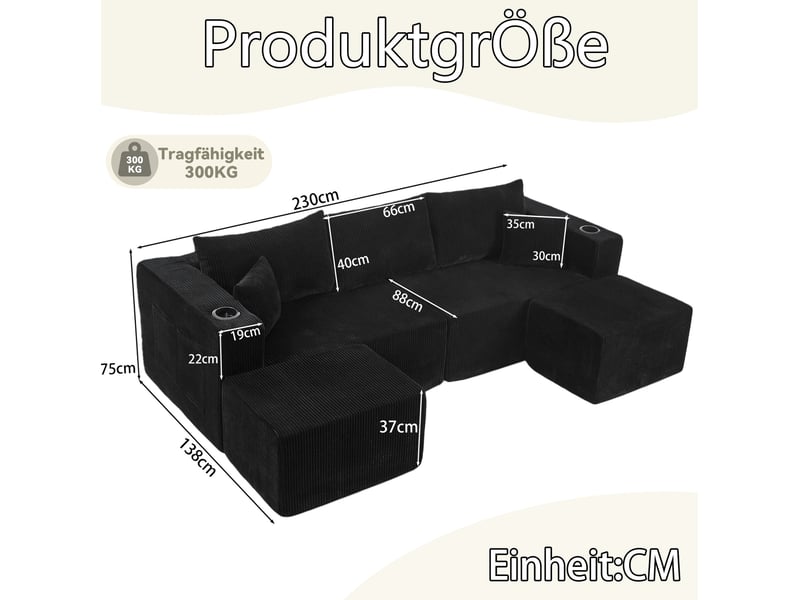  Canapé d'angle modulaire 3 places avec deux poufs mobiles, porte-gobelets et poches latérales en velours côtelé noir  - Conforama C