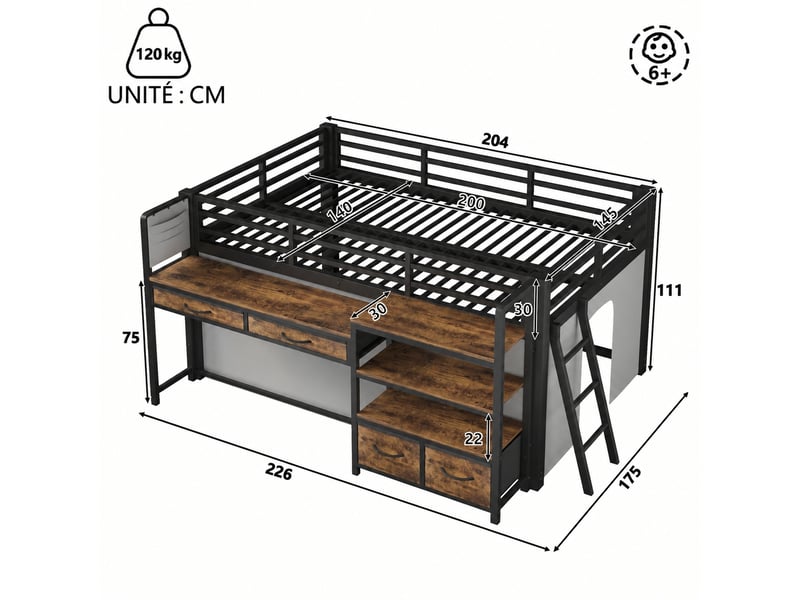  Lit mezzanine enfant avec bureau intégré, rangements et étagères, métal noir, couchage 140 x 200 cm  - Conforama C