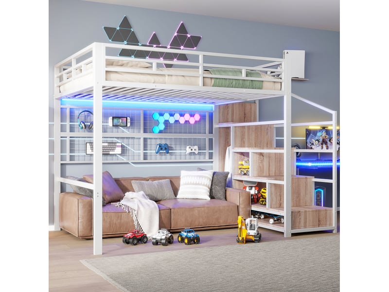 Lit mezzanine, 140x200 cm, avec éclairage led 7 couleurs, armoire-échelle, espace ouvert sous le lit, métal, blanc sans matelas - Conforama B