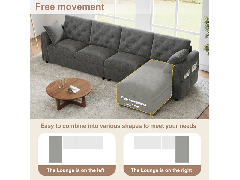 Canapé d'angle convertible réversible 281 x 132 cm – gris – coffre de rangement et poches latérales - Conforama E