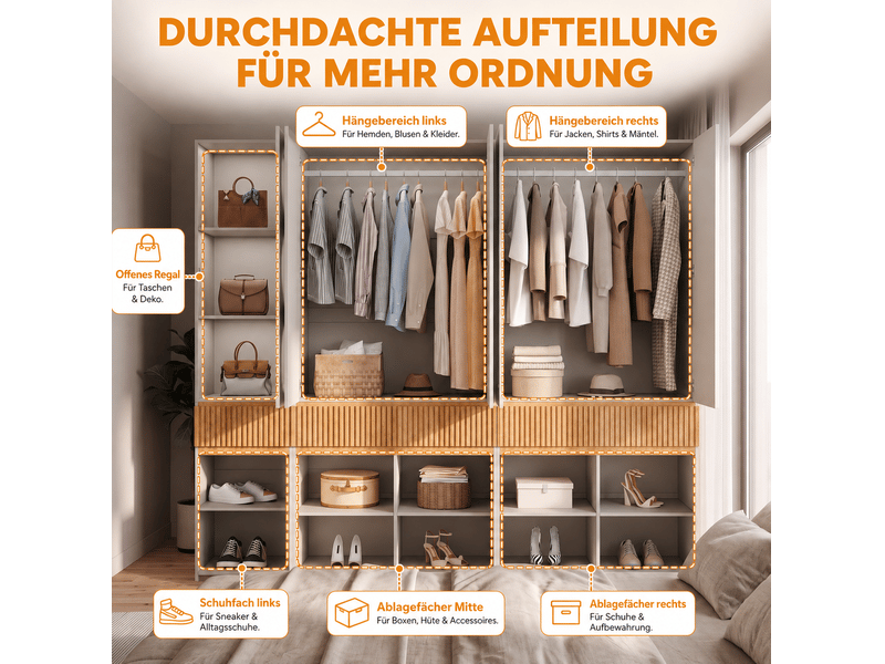  Armoire 10 portes 225x50x202 cm, 2 penderies, 3 tiroirs, mdf et panneaux de particules, chêne clair  - Conforama D