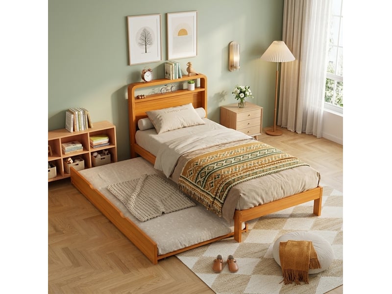  Lit gigogne, 90x200 cm et 90x190 cm, design peu encombrant, tête arrondie, montage gauche-droite, bois, coloris naturel  - Conforama D