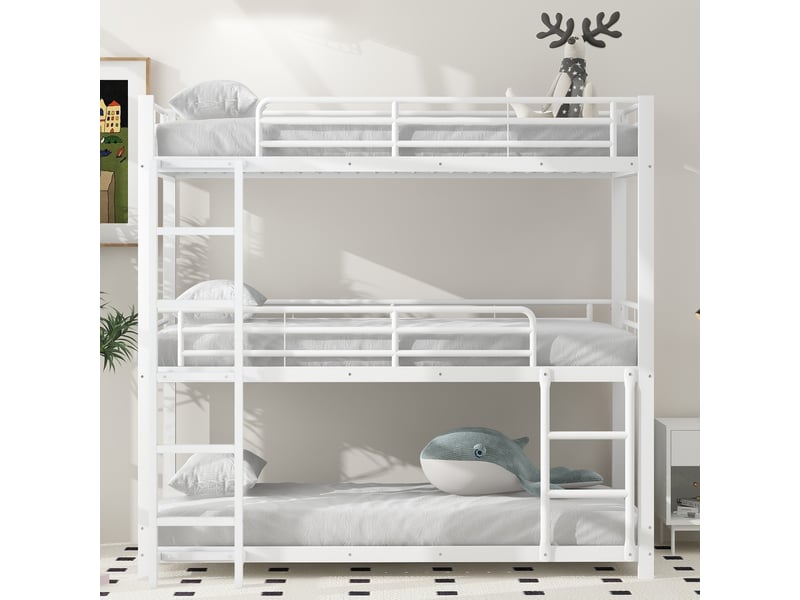 Lit superposé triple 90x200 cm, 3 couchages, échelle et barrières de sécurité, structure métal, blanc OMNIGLINT TRADING LTD - Conforama B