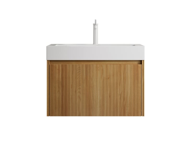 Meuble rangement salle de bain tiroir 70 cm vasque integree bois naturel blanc homvra - Conforama A