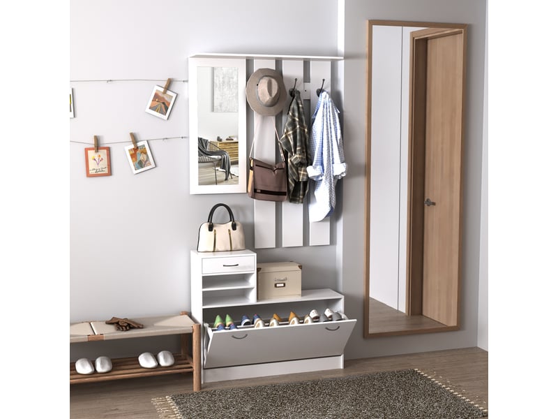  Ensemble entrée moderne avec rangement chaussures, miroir, porte-manteau 6 crochets, 2 étagères réglables, tiroirs bois, 90×24×166 cm, blanc  - Conforama D