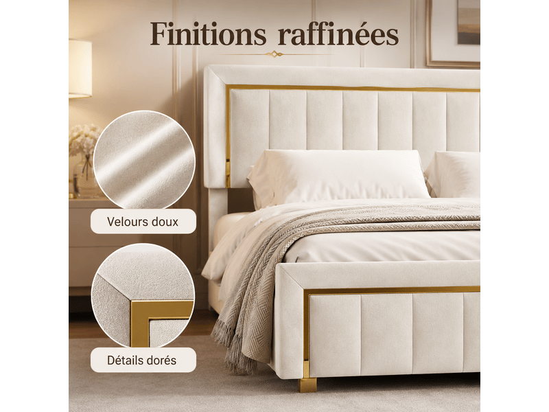 Lit coffre adulte 140x190 cm - lit rembourré avec sommier à lattes et espace de rangement hydraulique - 2 personnes - velours beige - Conforama D