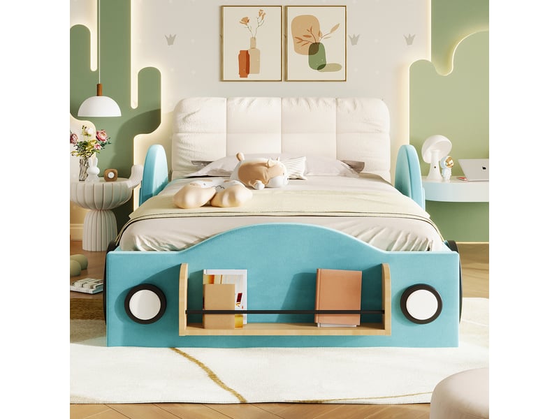 Lit enfant rembourré 90 x 200 cm avec coffre hydraulique, poches et étagère, flanelle,bleu CozyNest - Conforama E
