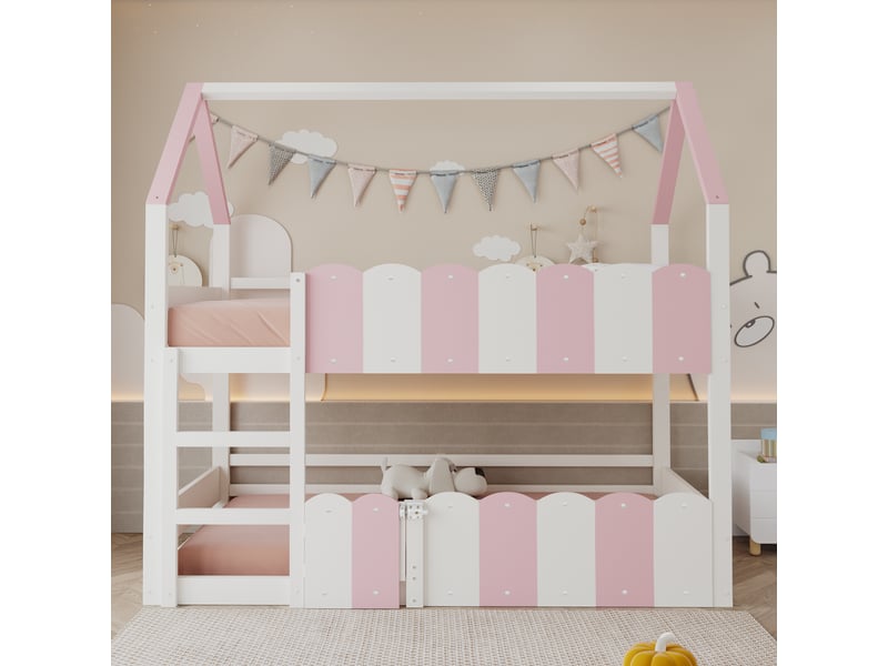  Lit superposé enfant 90 x 200 cm en forme de maison, sommier supérieur et garde-corps hauts, pour fille et garçon, rose  - Conforama B