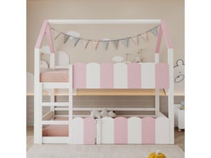 Lit superposé enfant 90 x 200 cm en forme de maison, sommier supérieur et garde-corps hauts, pour fille et garçon, rose