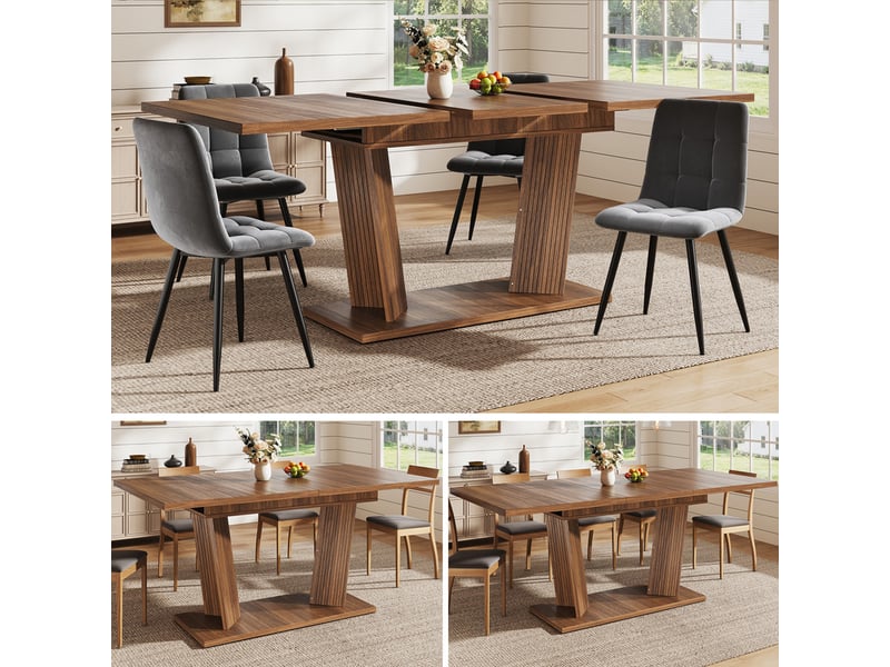 Table de salle à manger extensible 120-160×80×76cm, avec patins antidérapants réglables, moderne, noyer - Conforama D
