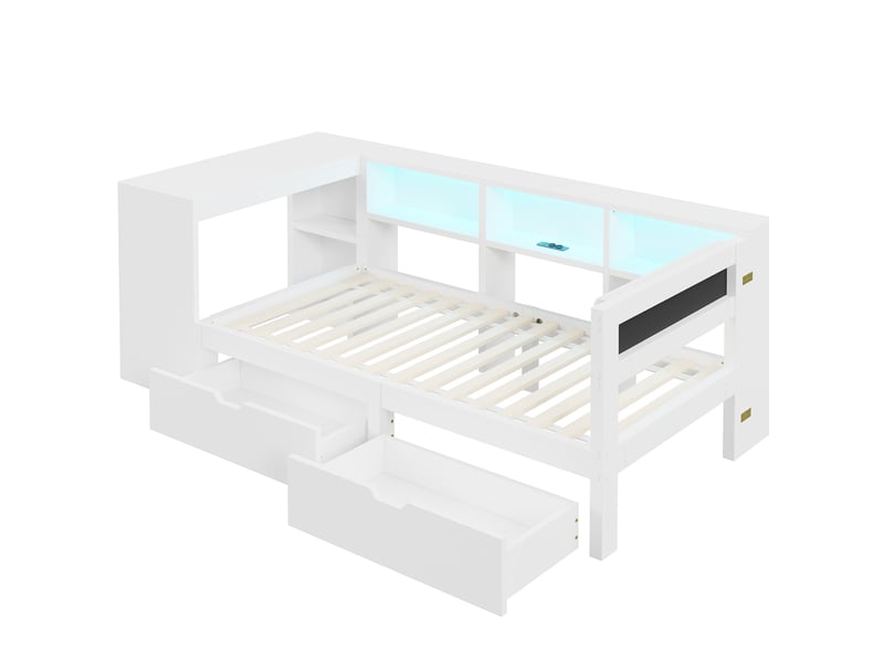 Lit enfant tiroirs 90x200cm station charge intégrée éclairage led tête rembourrée mdf, tissu lin blanc sans matelas - Conforama E