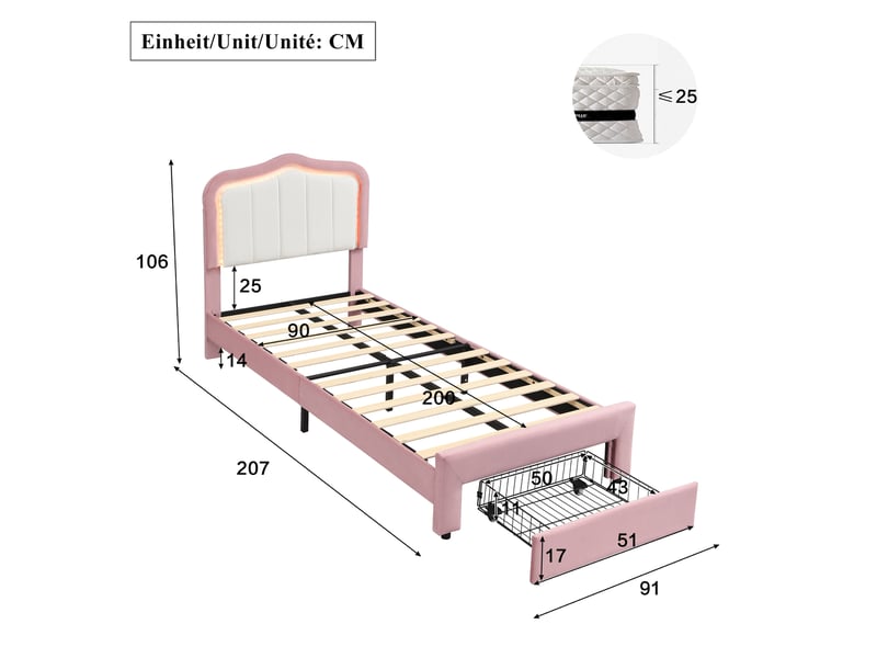  Lit enfant 90 × 200 cm avec tiroir au pied, tête de lit rembourrée, éclairage led par application, rose pour chambre  - Conforama C