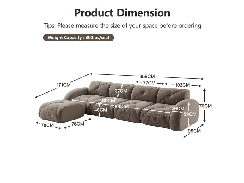  Canapé d'angle modulaire 4 places avec repose-pieds, dessous antidérapant, marron, sans montage  - Conforama C