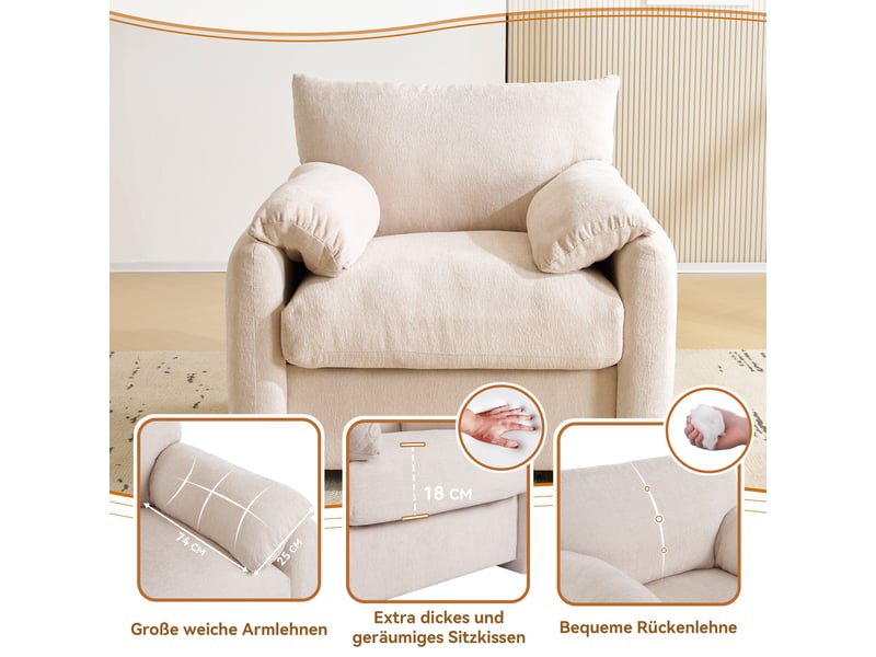  Fauteuil large avec assise profonde, mousse haute élasticité et accoudoirs rembourrés en chenille beige  - Conforama E