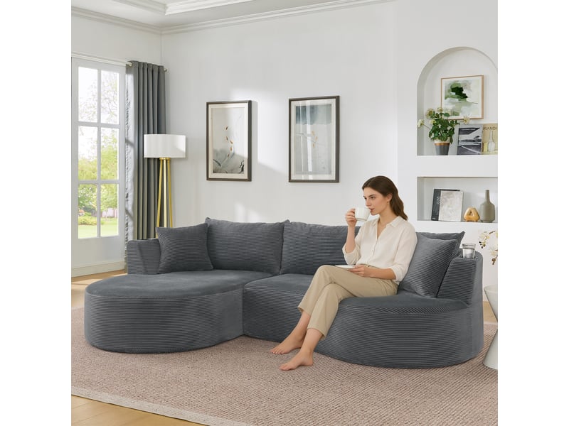 Canapé méridienne gauche 3 places gris design courbé tissu côtelé avec porte-gobelets et coussins pour salon moderne - Conforama R