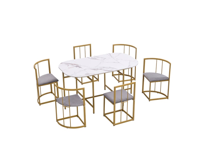  Ensemble table et 6 chaises moderne blanc, coussins gris en velours et structure métallique dorée, pour repas à six  - Conforama A