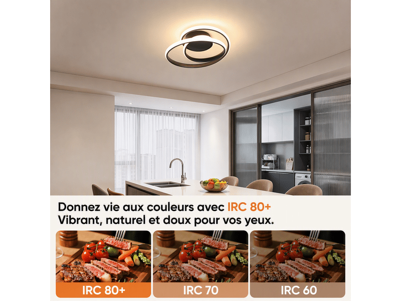  Plafonnier led anneau spiralé, d30 x h8,5 cm, lampe de plafond 37 w 2639 lm, noir sable, 3000 k blanc chaud, salon, chambre, cuisine  - Conforama E