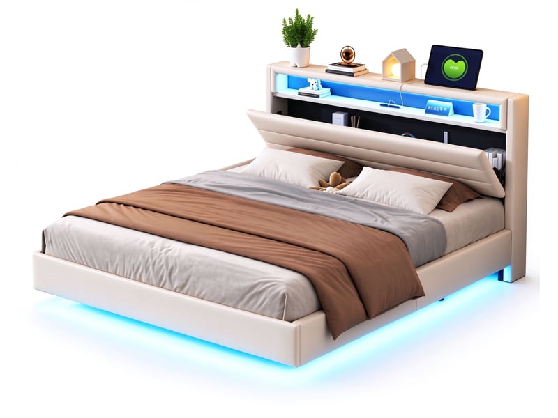  Lit double 160x200 cm, tête réversible avec rangement, ports usb, led multicolore en tête et pied, pieds dissimulés, sommier à lattes, lin, beige  - Conforama A