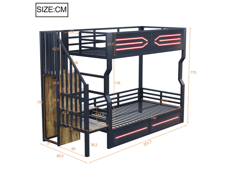  Lit superposés métal 90 x 200 cm avec escalier rangement led armoire garde-corps haut lit ado gain de place noir robuste et moderne  - Conforama E