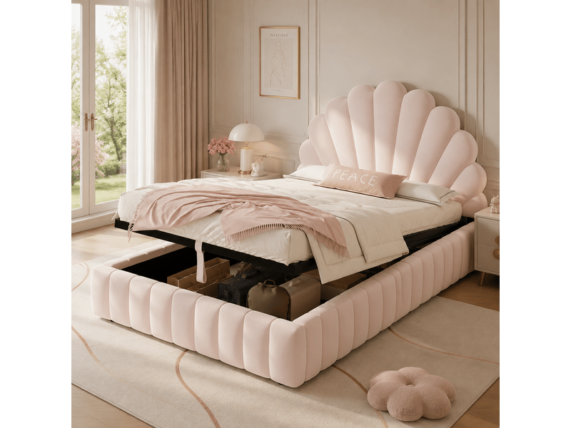  Lit coffre rembourré 90x200 cm coloris rose velours  - Conforama E