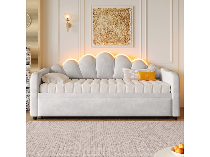 Canapé-lit capitonné 90x200 cm - avec lit gigogne - éclairage led intégré - velours + mdf - gris (matelas non inclus)  - Conforama B