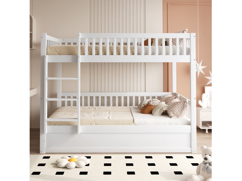  Lit superposé enfant 90x200 cm en bois, coloris blanc, avec rangement hydraulique  - Conforama D
